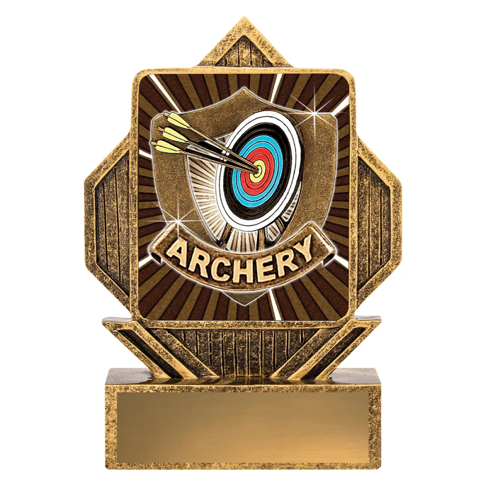 Antique gold resin archery trophy with target and arrows shield design, archery banner detail and engraving plate on base