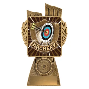 Small antique gold resin archery trophy with target and arrows shield design, laurel detail and engraving plate on base