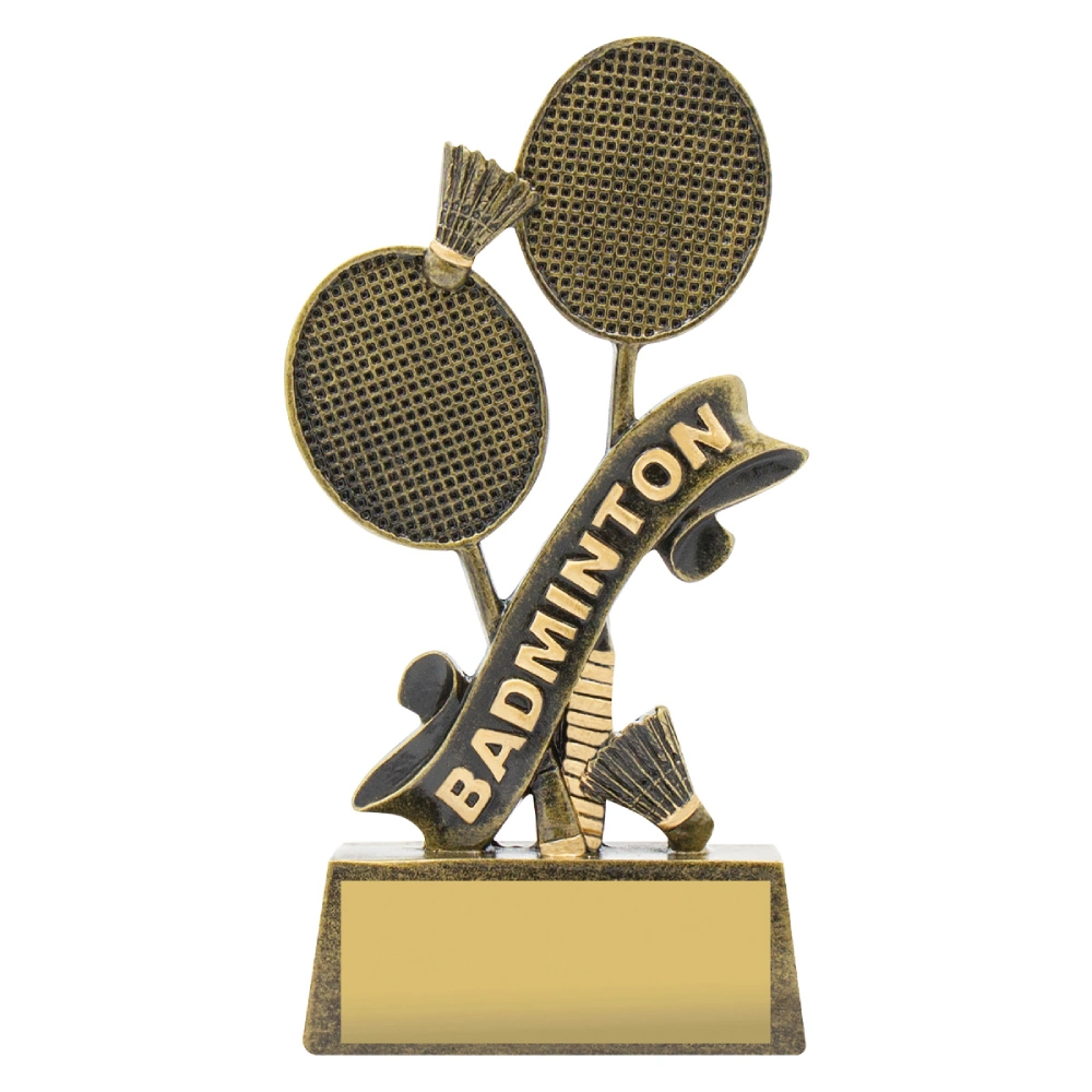 Antique gold badminton racket trophy featuring crossed rackets, shuttlecocks and curved BADMINTON banner on rectangular base with blank nameplate