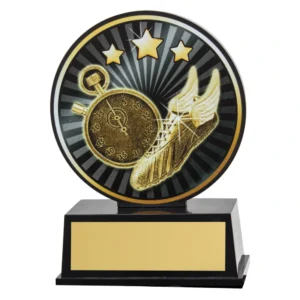 Athletics disc trophy with running shoe, stopwatch and stars design on black base with engraving plate