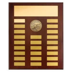 Perpetual award plaque with athletics running shoe and stopwatch centre emblem and multiple engraving plates