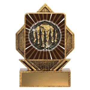 Athletics resin trophy with running legs design, square panel with radial burst background in antique gold on base with engraving plate