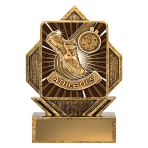 Athletics resin trophy with running shoe and stopwatch design, square panel with radial burst background in antique gold on base with engraving plate