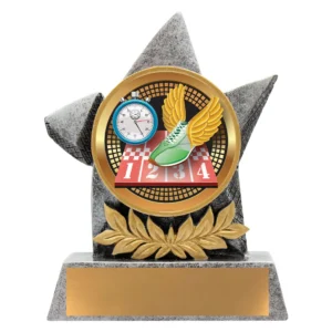 Athletics trophy with running shoe, track and stopwatch emblem on star design base with engraving plate