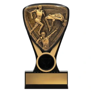 Athletics shield trophy with multi event athletes design on black base with engraving plate