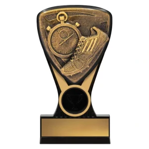 Athletics shield trophy with running shoe and stopwatch design on black base with engraving plate