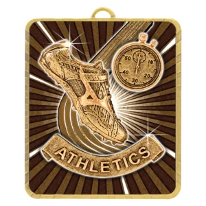 Athletics square medal with running shoe, stopwatch and track design