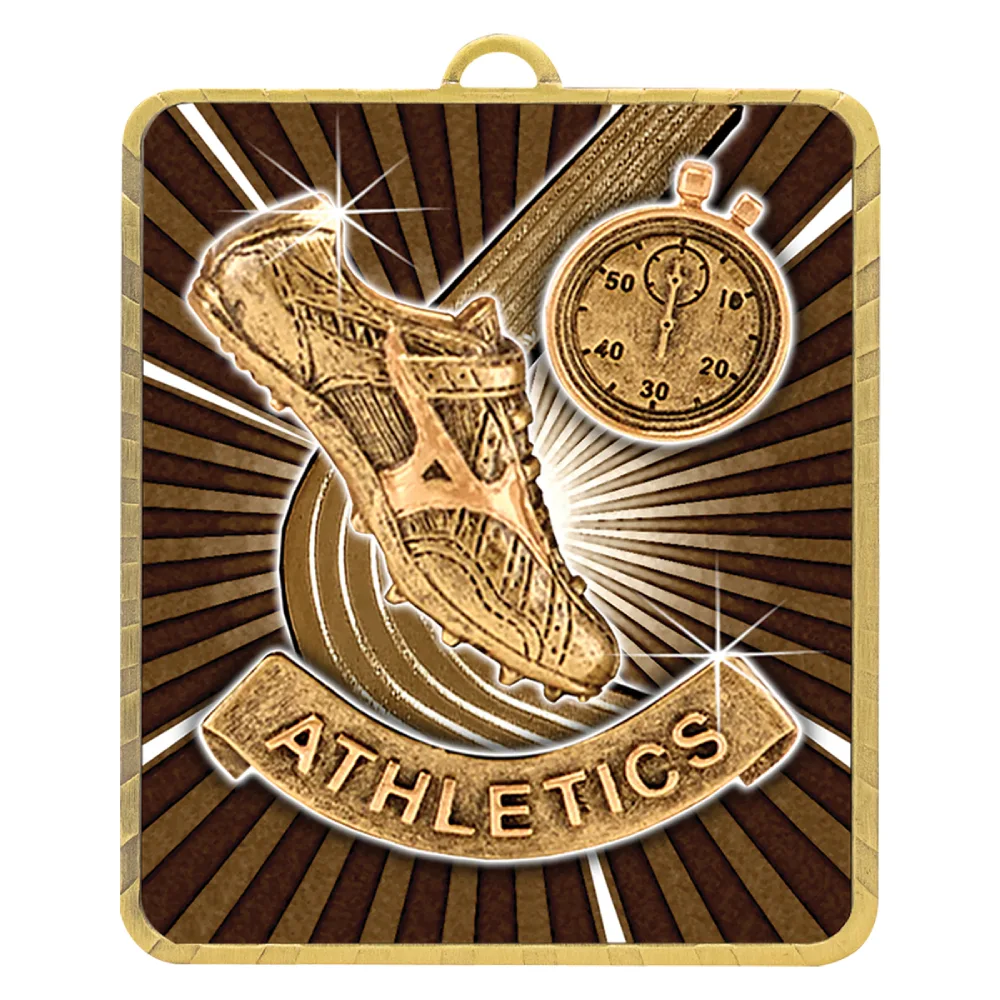 Athletics square medal with running shoe, stopwatch and track design
