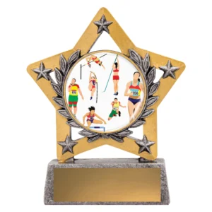 Athletics star trophy with multi event athletes centre insert and laurel detail on base