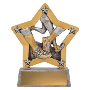 Athletics star trophy with running legs and shoes design on base with engraving plate