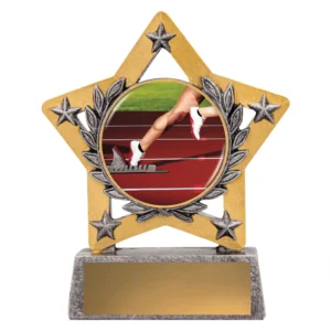 Athletics star trophy with running track starting blocks centre insert and laurel detail on base