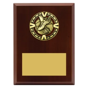 Athletics wooden award plaque with winged running shoe and stopwatch emblem on wood grain board with engraving plate