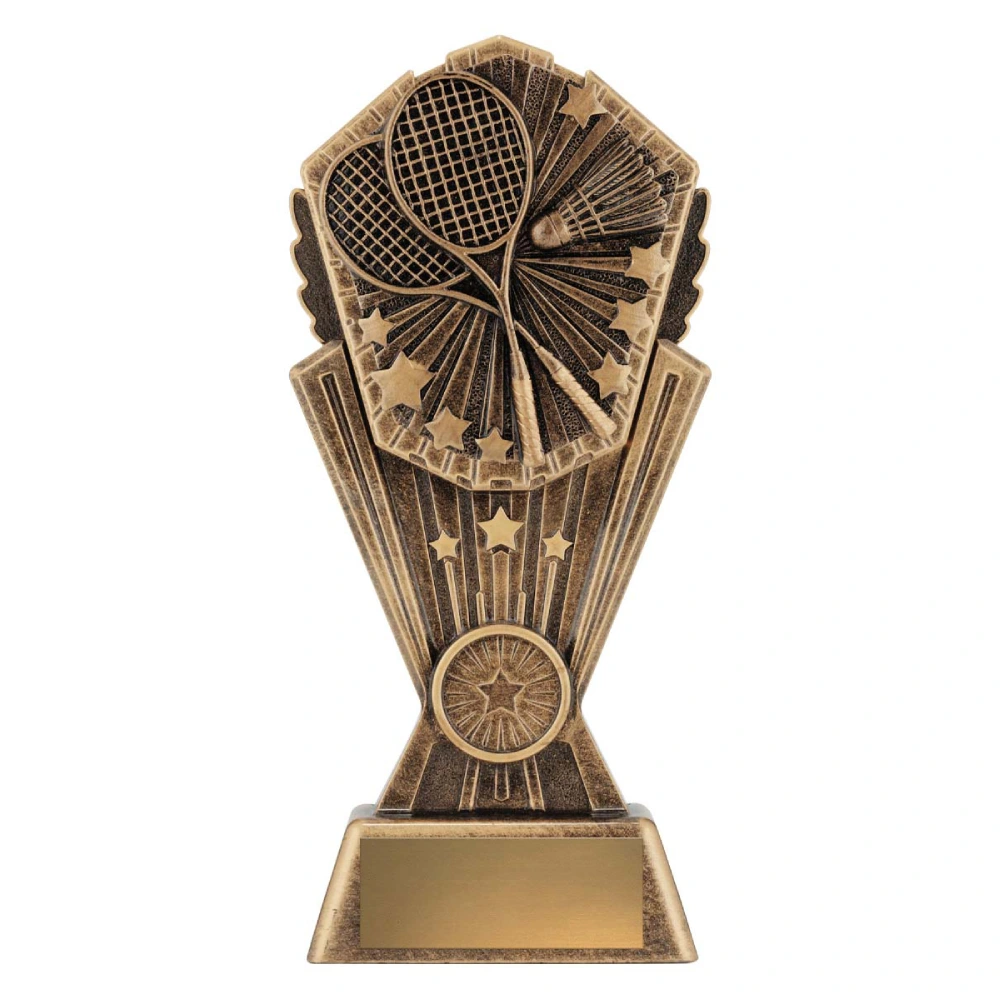 Large badminton resin trophy with burst design showing crossed rackets shuttlecock and stars on antique gold base with engraving plate