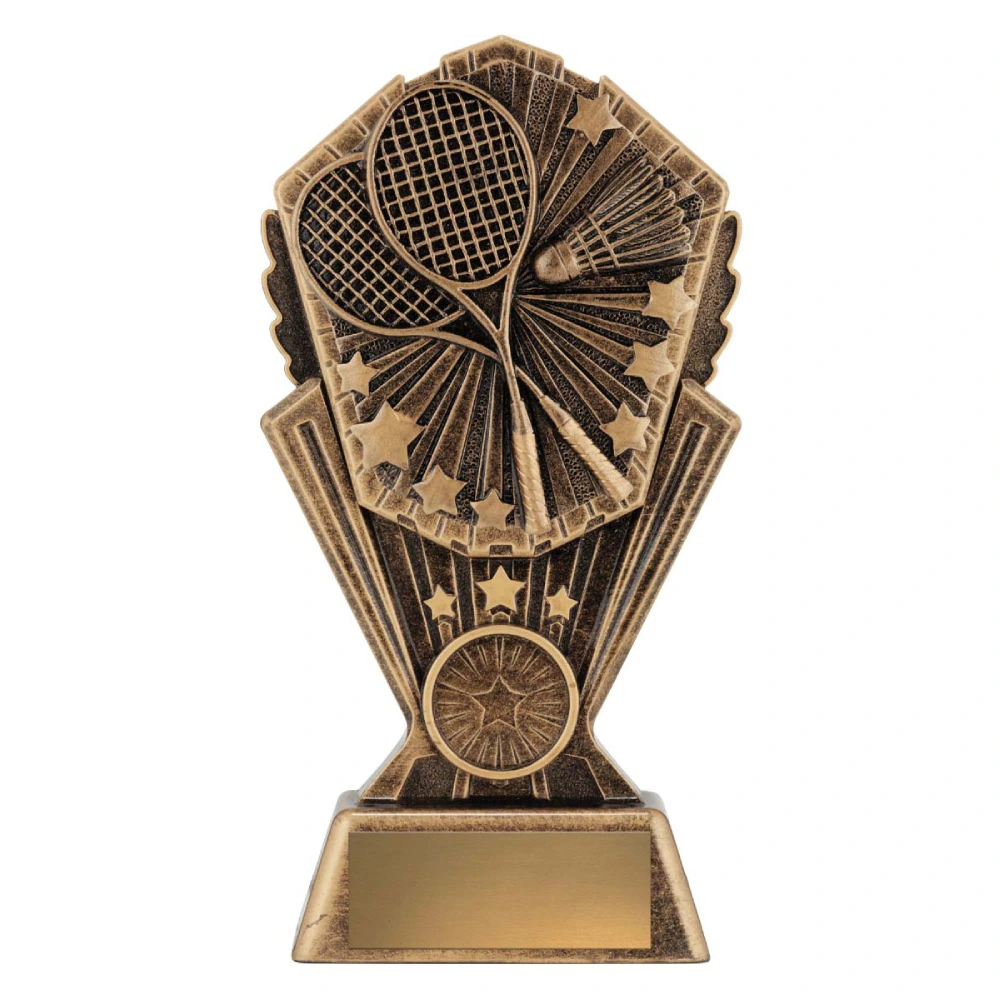 Medium badminton resin trophy with burst design showing crossed rackets shuttlecock and stars on antique gold base with engraving plate