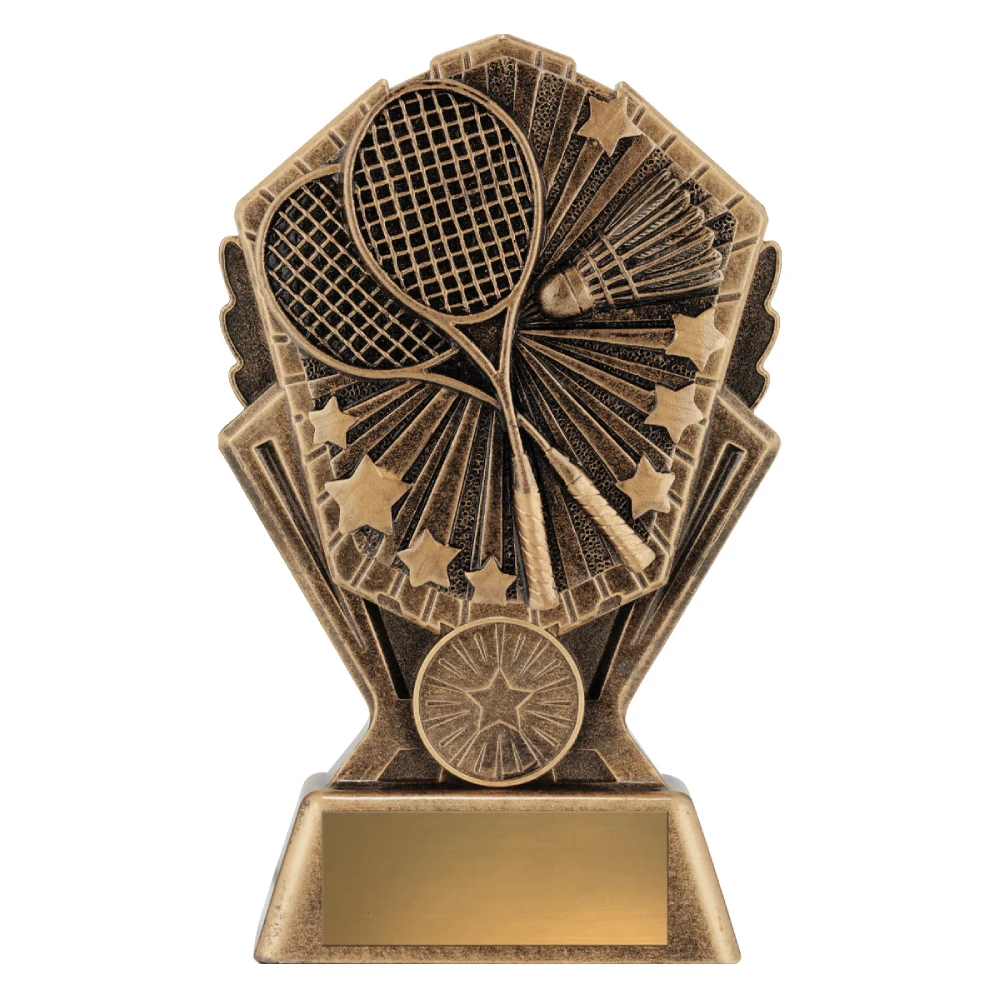 Small badminton resin trophy with burst design showing crossed rackets shuttlecock and stars on antique gold base with engraving plate