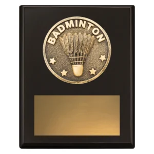 Small badminton black plaque with gold insert showing shuttlecock and text mounted above engraving plate