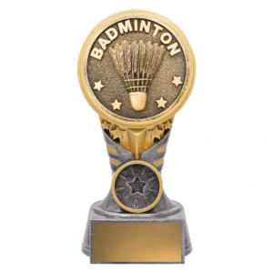 Small badminton resin trophy with round top insert showing shuttlecock and text in gold and silver finish on base with engraving plate