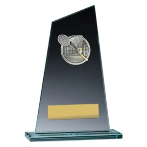 Badminton clear glass trophy with angled panel and silver insert showing racket shuttlecock and net on glass base with engraving plate