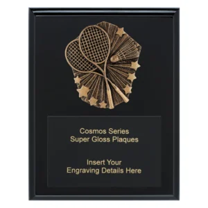 Badminton gloss plaque with black finish and gold emblem showing crossed rackets shuttlecock and stars with engraving area