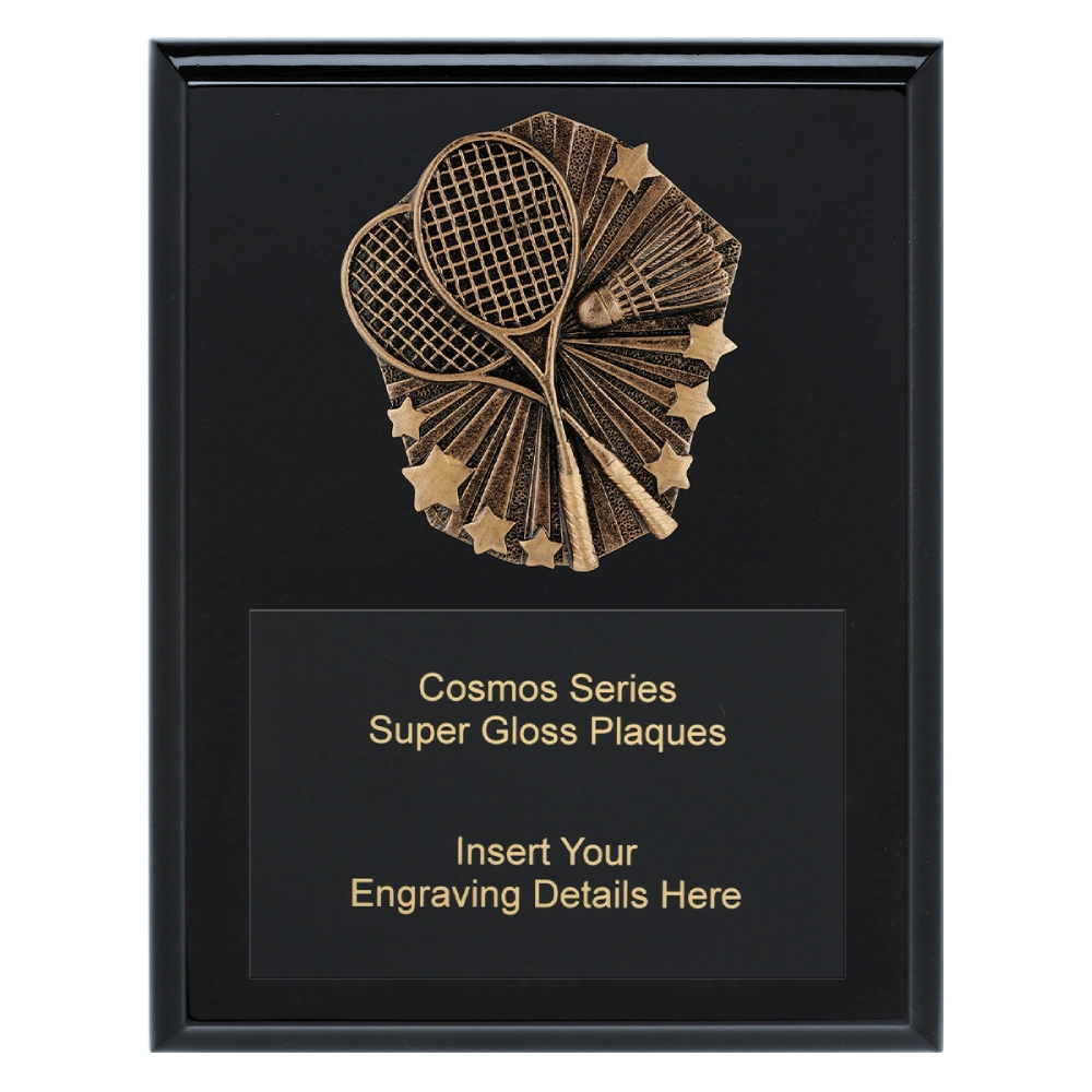 Badminton gloss plaque with black finish and gold emblem showing crossed rackets shuttlecock and stars with engraving area