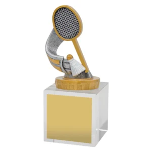 Small badminton crystal column trophy with gold and silver racket and shuttlecock topper on clear block base with large engraving plate