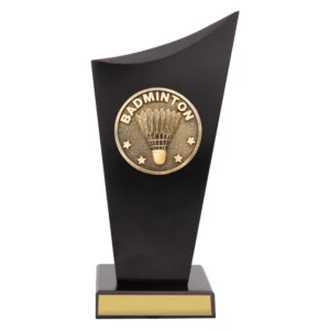 Small black curved tower badminton trophy with gold shuttlecock badge on front and engraving plate on base