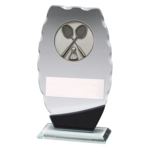 Small frosted glass badminton award plaque with crossed rackets and shuttlecock emblem, metal engraving plate and glass base