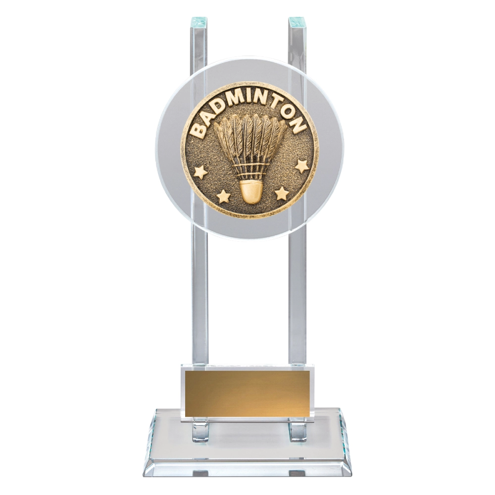 Badminton glass trophy with round panel and gold insert showing shuttlecock and text on clear column base with engraving plate