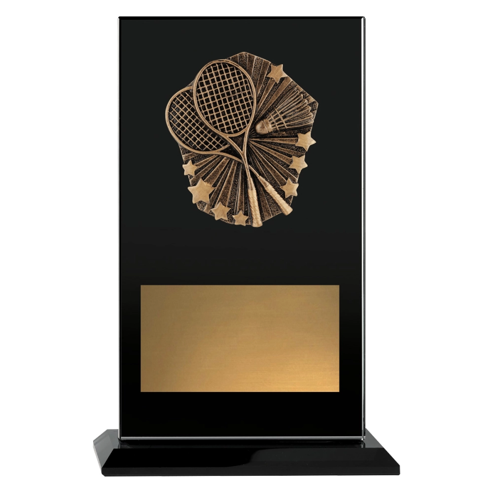 Badminton glass plaque trophy with black panel and gold emblem showing crossed rackets and shuttlecock on base with engraving plate