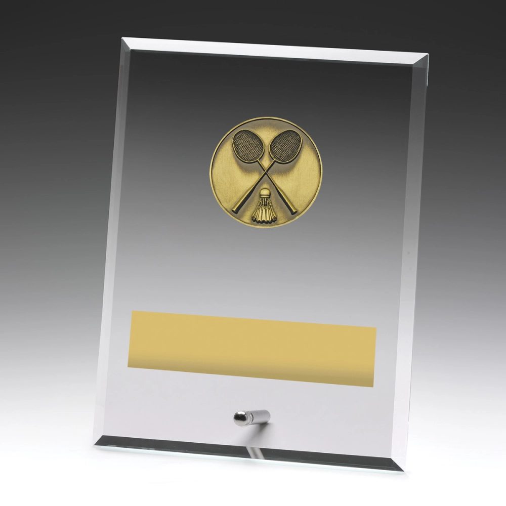 Large badminton glass plaque featuring clear rectangular panel with mounted gold racket and shuttlecock emblem and blank engraving plate
