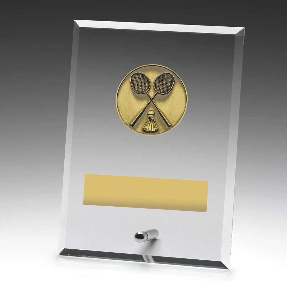 Medium badminton glass plaque featuring clear rectangular panel with mounted gold racket and shuttlecock emblem and blank engraving plate