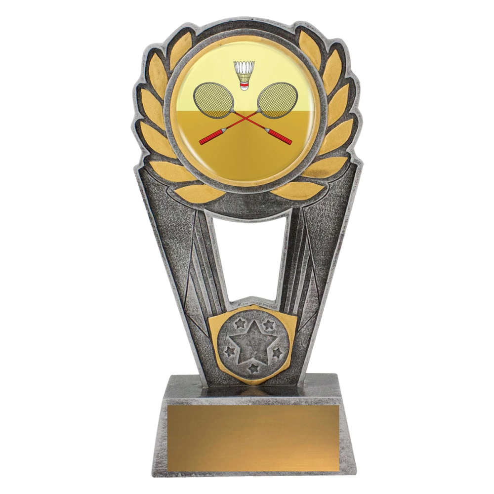 Large badminton laurel resin trophy featuring circular colour insert with crossed rackets and shuttlecock framed by raised gold laurel leaves on rectangular base with blank nameplate