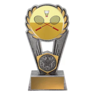 Small badminton laurel resin trophy featuring circular colour insert with crossed rackets and shuttlecock framed by raised gold laurel leaves on rectangular base with blank nameplate