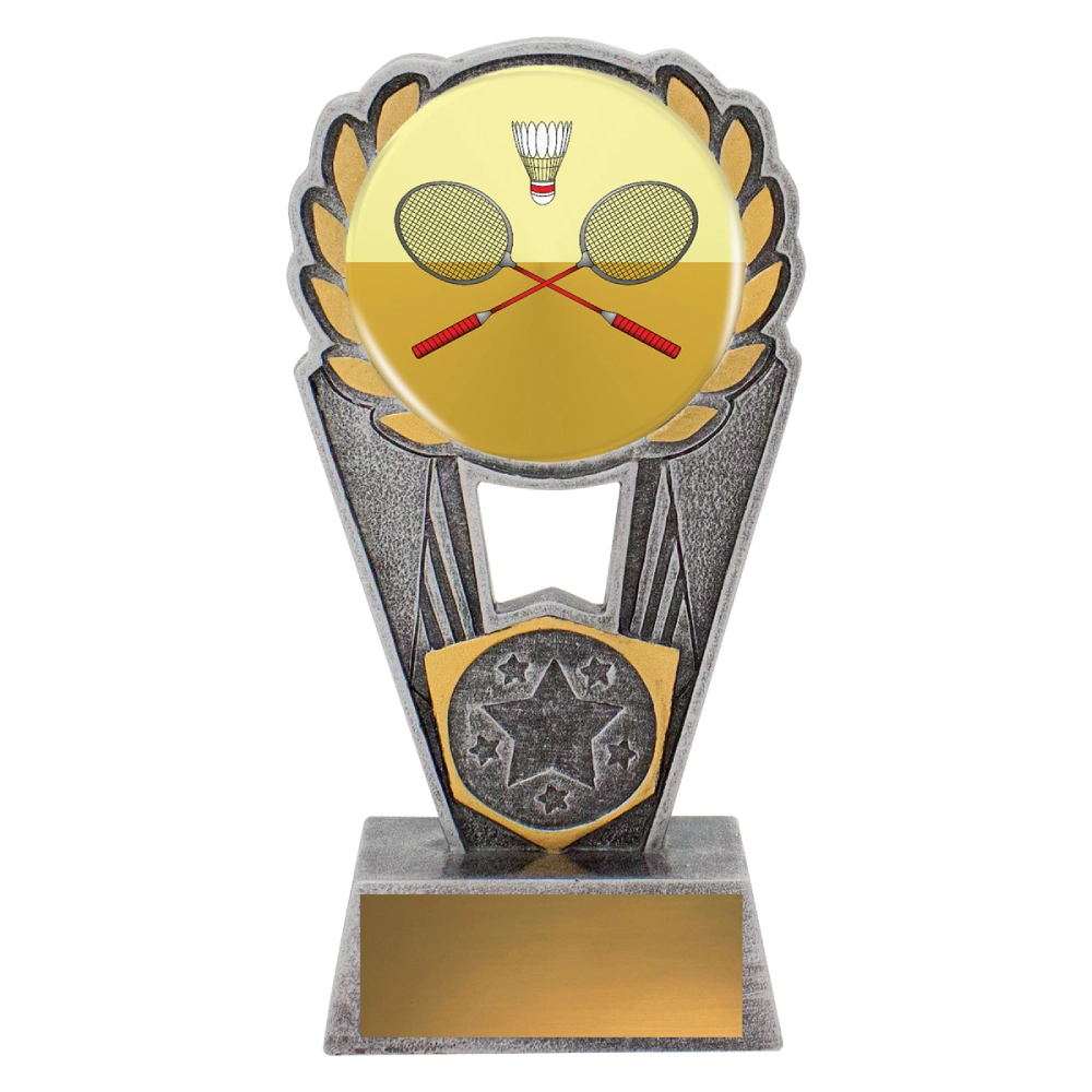Small badminton laurel resin trophy featuring circular colour insert with crossed rackets and shuttlecock framed by raised gold laurel leaves on rectangular base with blank nameplate