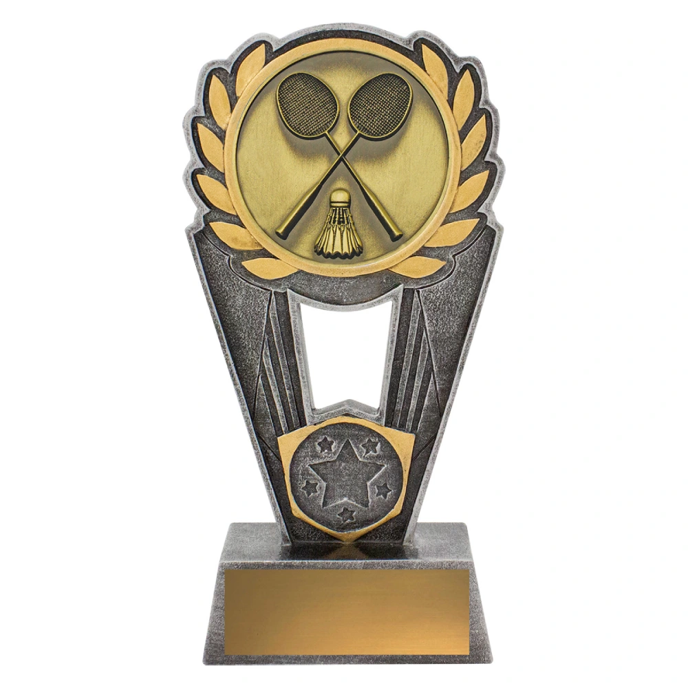 Medium badminton resin trophy with laurel wreath top and shield design showing crossed rackets and shuttlecock on silver and gold base with engraving plate