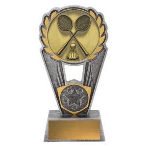 Small badminton resin trophy with laurel wreath top and shield design showing crossed rackets and shuttlecock on silver and gold base with engraving plate