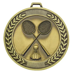 Gold badminton medal with crossed rackets and shuttlecock framed by a laurel wreath border