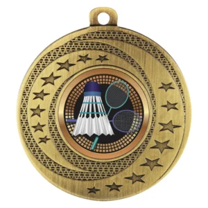 Gold badminton medal with shuttlecock and crossed rackets centre insert and star border