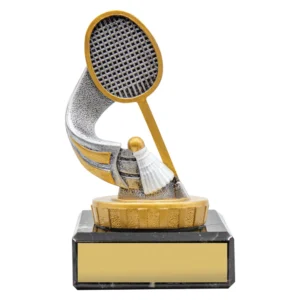 Small badminton trophy with gold and silver racket and shuttlecock on black marble base with large engraving plate