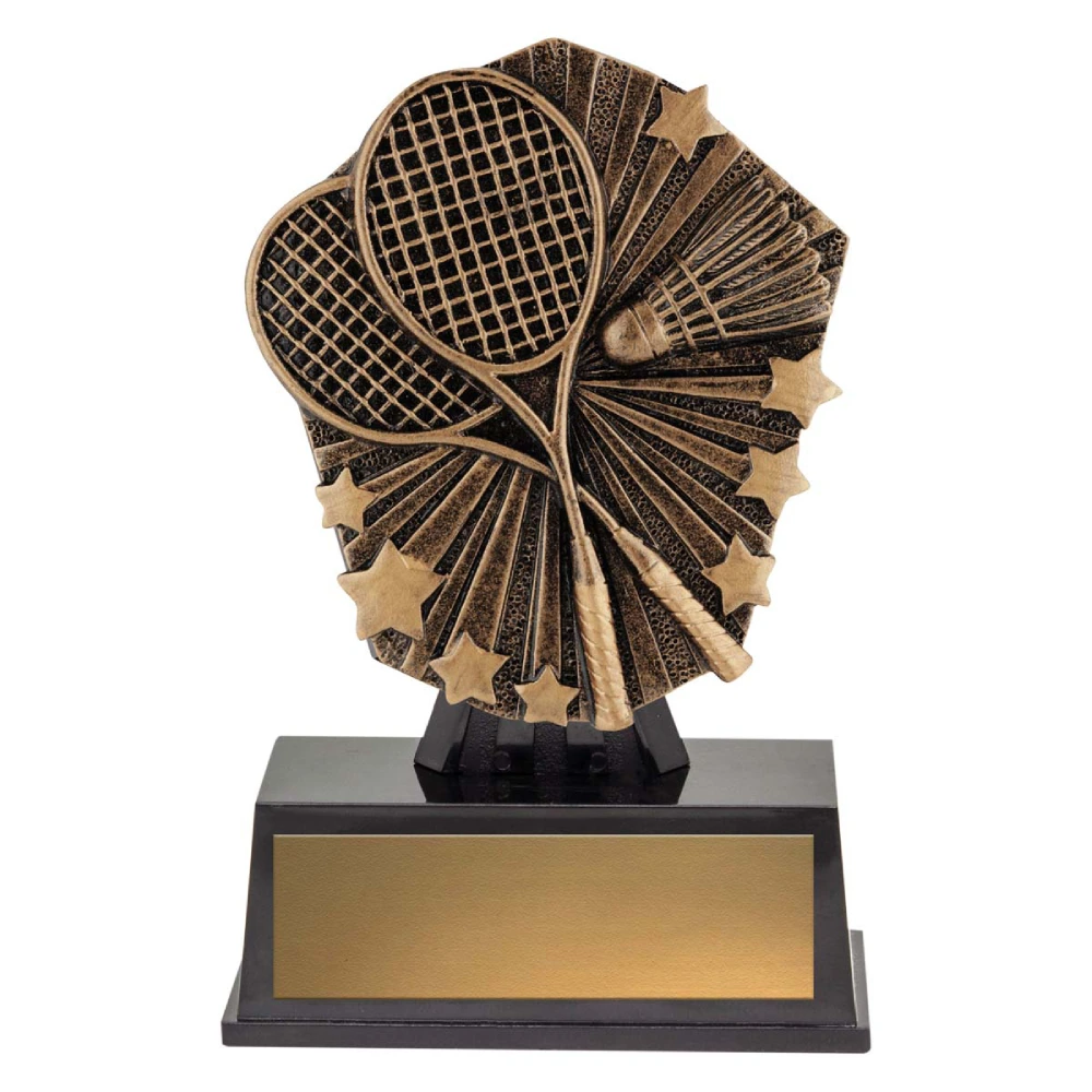 Badminton resin trophy with crossed rackets and shuttlecock, radial burst and star design in antique gold on black base with engraving plate
