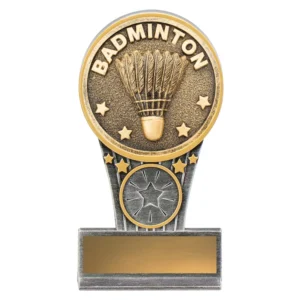 Badminton resin trophy with round shuttlecock medal, star detail column and silver base with engraving plate