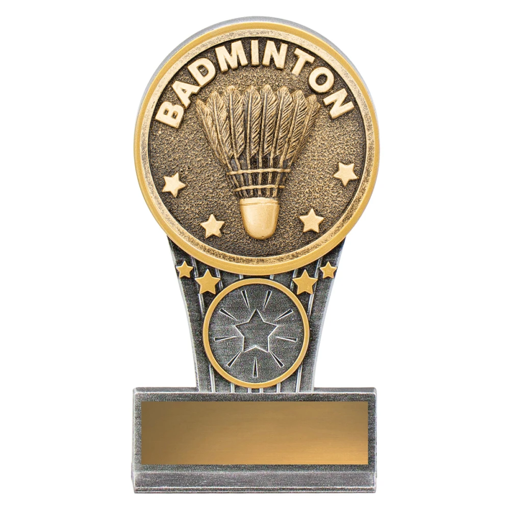 Badminton resin trophy with round shuttlecock medal, star detail column and silver base with engraving plate