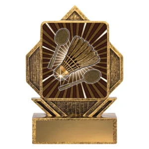 Badminton resin trophy with shuttlecock and rackets design, square panel with radial burst background in antique gold on base with engraving plate