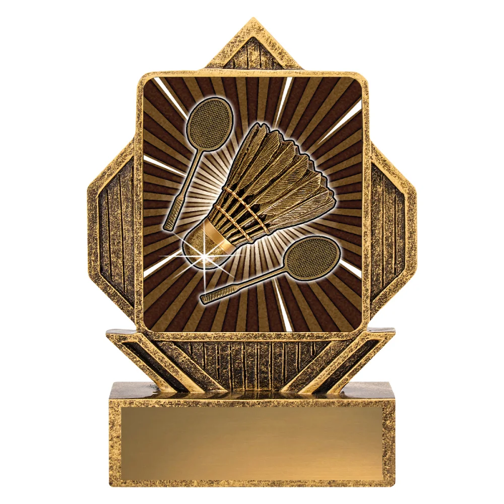 Badminton resin trophy with shuttlecock and rackets design, square panel with radial burst background in antique gold on base with engraving plate