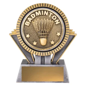 Small silver and gold badminton trophy with round badge featuring shuttlecock design and engraving plate