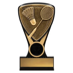 Badminton shield resin trophy with shuttlecock and racket design in gold on black and gold base with engraving plate
