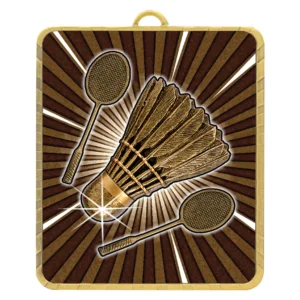 Square badminton medal with shuttlecock and rackets on radial burst background
