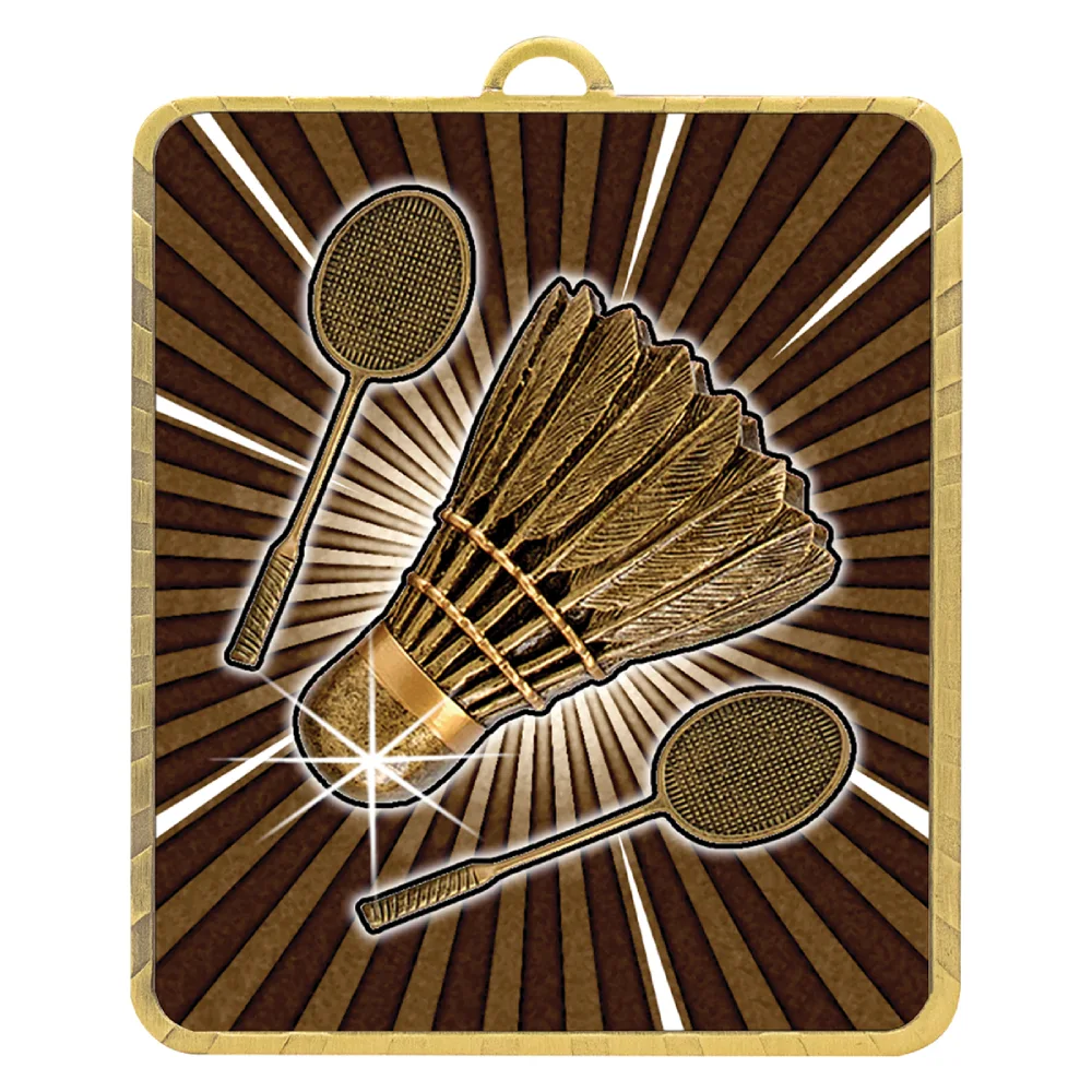 Square badminton medal with shuttlecock and rackets on radial burst background