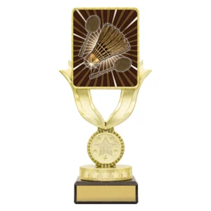Small gold badminton trophy with square top insert showing shuttlecock and rackets on star column design with marble base and engraving plate