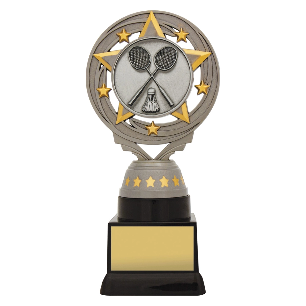 Large silver and gold badminton trophy with circular star frame and crossed rackets emblem on black base